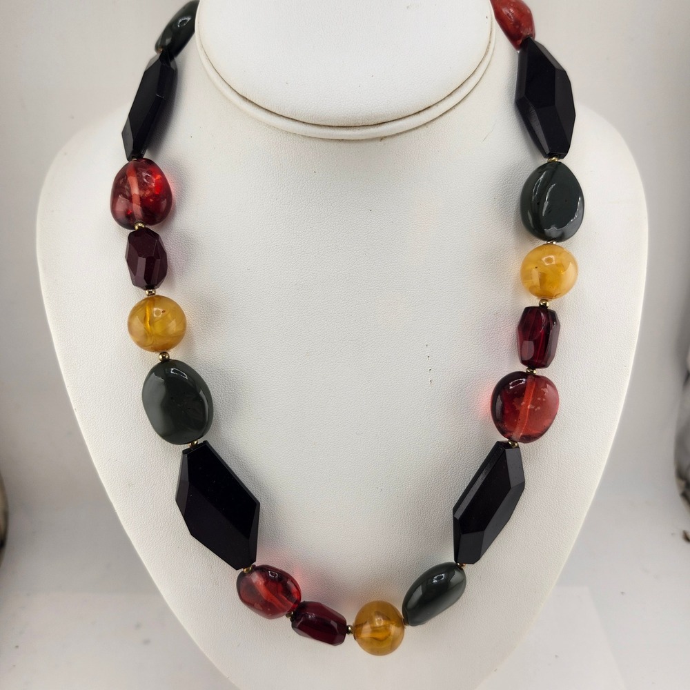 Multicolor Beaded Statement Necklace Chunky Gemstone Resin Gold‎ Tone Clasp